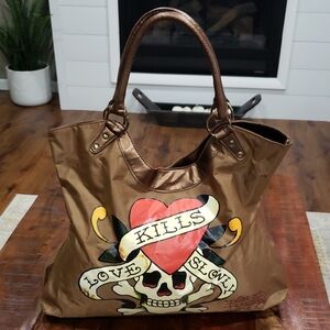 Ed Hardy Brown and Red Tote Bag with Skull Design